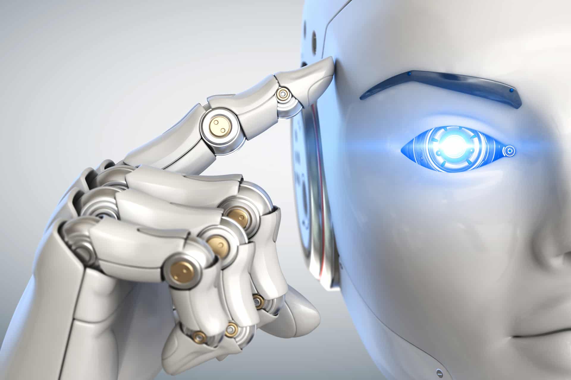 Robot with blue eyes holding its finger pointing its mind, image of science & technology category from Harvesting Happiness Talk Radio, a podcast dedicated to health & wellness.