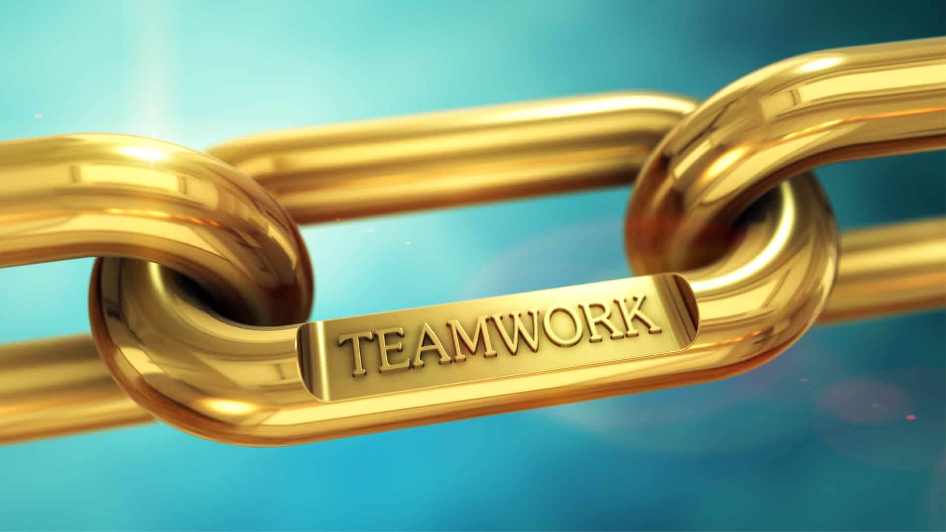Golden chain in a blue background with the words teamwork on it, image of page related to podcast sponsors and guests